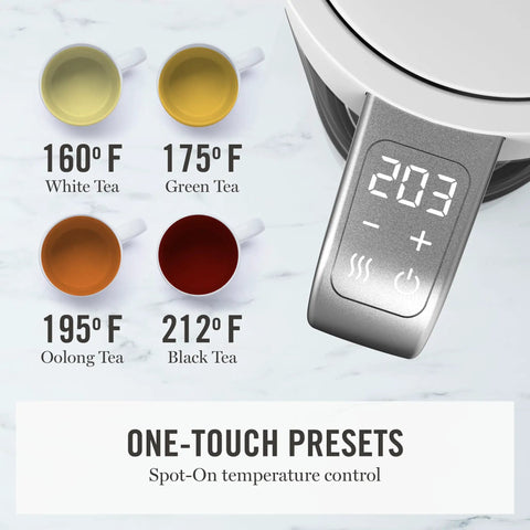 Electric Kettle With Removable Stainless Steel Tea Infuser And Glass Carafe 1.7L with 4 temperature presets for different teas.