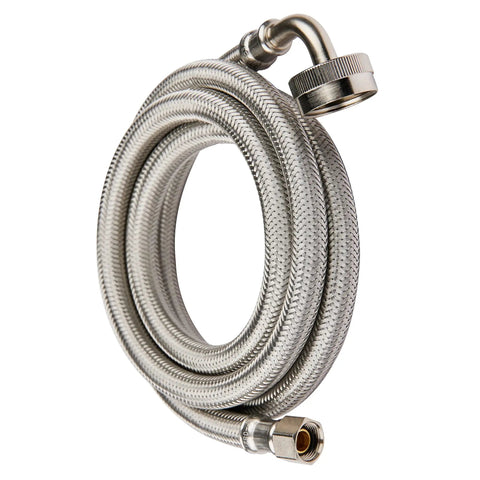 Dishwasher Hose With 90 Degree Elbow Four Feet Premium Braided Stainless Steel Water Supply Line Three Eighths Inch Compression To Three Quarters Inch Female Hose Thread Durable Rust Resistant Flexible Easy Install coiled view.