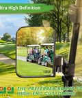 Universal Golf Cart Side Mirrors No Drilling Needed reflecting golf carts on a course, attached to square tube frame.