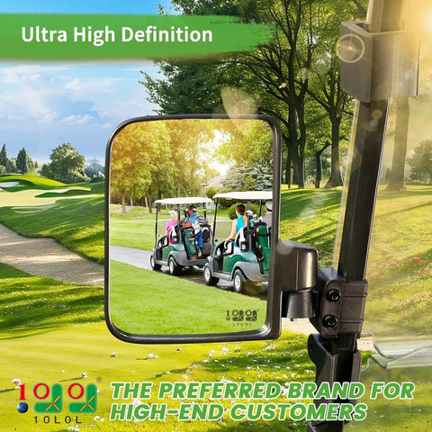 Universal Golf Cart Side Mirrors No Drilling Needed reflecting golf carts on a course, attached to square tube frame.