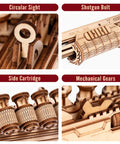 3D Wooden Puzzle Rubber Band Gun Kit For Adults And Teens Buildable Toy Shotgun Model, Challenging Wood Craft Project, Dope Hobby For Men And Women, Quick 1.5 Hour Assembly And Firing Action. circular sight and wooden shotgun parts close-up