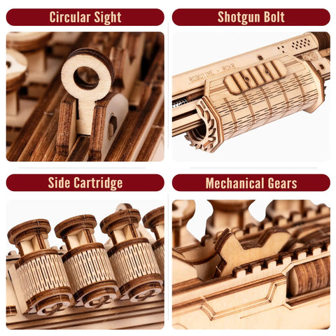 3D Wooden Puzzle Rubber Band Gun Kit For Adults And Teens Buildable Toy Shotgun Model, Challenging Wood Craft Project, Dope Hobby For Men And Women, Quick 1.5 Hour Assembly And Firing Action. circular sight and wooden shotgun parts close-up