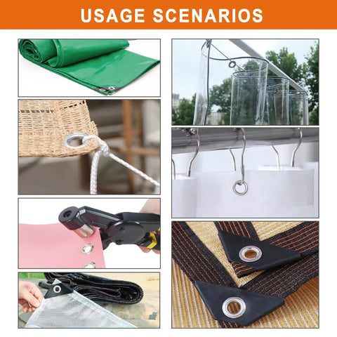 Usage scenarios for All In One Grommet Tool Kit With Interchangeable Dies, showing grommets in fabric, tarps, and curtains.