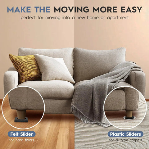 Heavy Duty Furniture Lifter Tool for easy sofa movement with felt and plastic sliders on hard and carpeted floors.