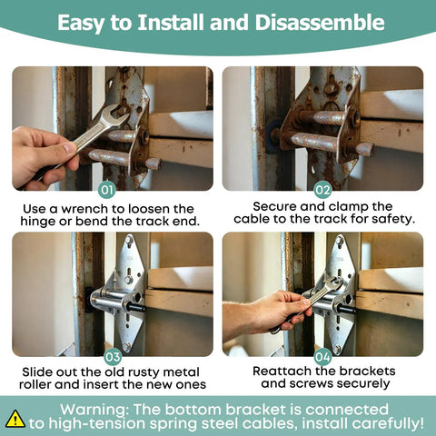 Installation steps for Quiet Full Wrap Nylon Garage Door Roller Kit With Hinges Top And Bottom Brackets Wire Rope And 2 Inch Rollers For 8 Foot Doors