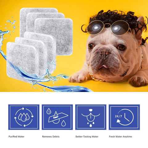 Dog Water Filter Replacement Six Pack For Petmate Replendish And Mason Gravity Waterers pictured with French Bulldog and icons