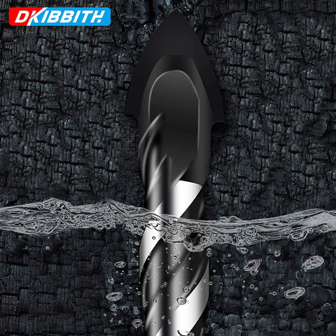 Masonry drill bit close-up; silver twist bit with tungsten carbide tip, black coated body; DKIBBIT logo