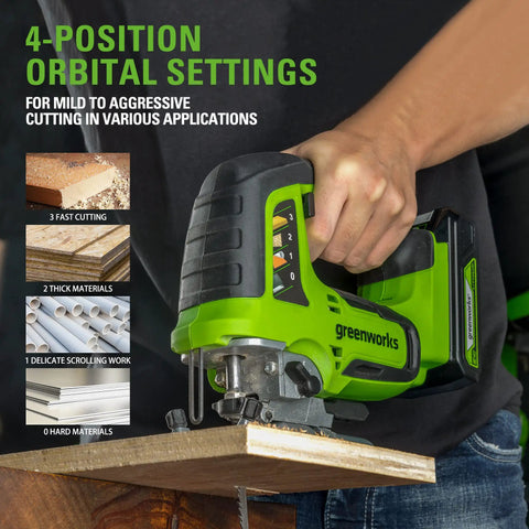 Person using 24V Brushless Jig Saw With Battery And Charger with 4-position orbital settings on wood.