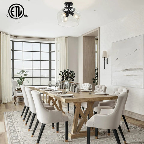 Dining room with 3-Bulb Industrial Style Semi Flush Mount Ceiling Light With Clear Glass Shade, Matte Black Fixture, E26 Base, 13.8 Inch, Ideal For Hallways, Entryways, And Bedrooms, ETL Listed