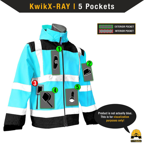 Illustration showing KwikX-RAY features on Galaxy Limited Edition Pattern Class Three Reflective Softshell Jacket in Yellow XL