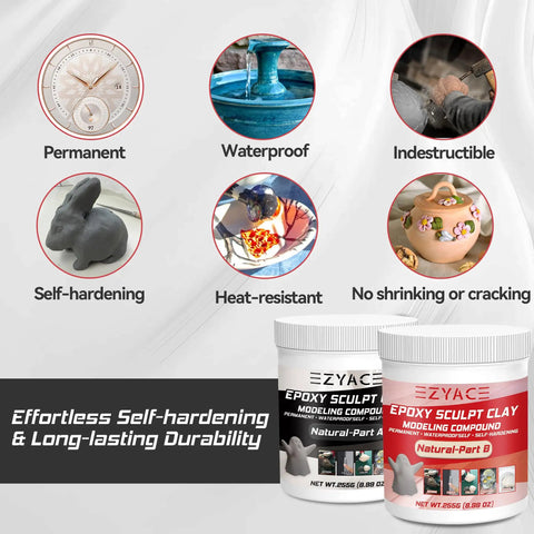 Two Part Epoxy Clay Putty For Sculpting Modeling Building And Repairs Great For Restoration And DIY Projects, Sanding Drilling And Painting After Cure, Natural Finish, One Pound, showing product benefits and packaging.