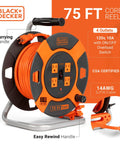 75 Ft Retractable Extension Cord Reel With 4 Outlets, Heavy Duty 14 AWG SJTW Cable shown with easy rewind handle and power switch