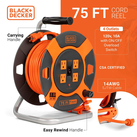 75 Ft Retractable Extension Cord Reel With 4 Outlets, Heavy Duty 14 AWG SJTW Cable shown with easy rewind handle and power switch