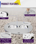 Real Deal Stainless Steel Four Inch Screw Cap Floor Box Cover With Twenty Amp Outlet For Hardwood Tile And Marble Floors No Fuss Clean Install Quick Flush Mount Power Drop showing features like gasket and coin-open cover.