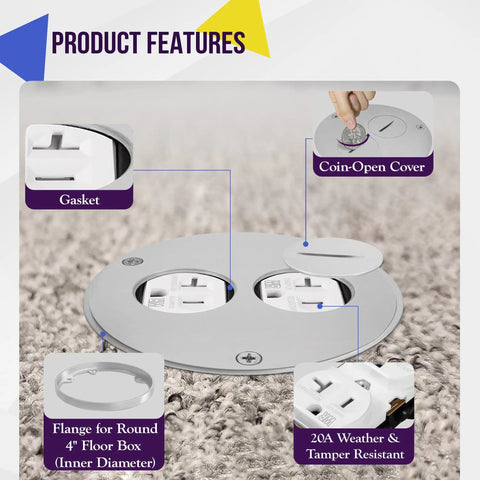 Real Deal Stainless Steel Four Inch Screw Cap Floor Box Cover With Twenty Amp Outlet For Hardwood Tile And Marble Floors No Fuss Clean Install Quick Flush Mount Power Drop showing features like gasket and coin-open cover.