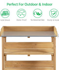 Front view of potting bench with natural wood top and 3 tier shelves outdoor garden workstation with hooks fir wood potting table