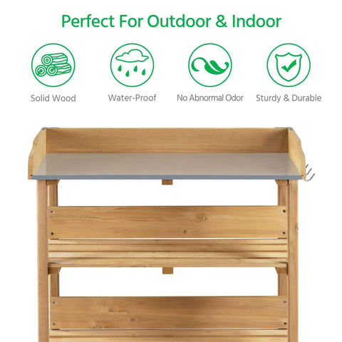 Front view of potting bench with natural wood top and 3 tier shelves outdoor garden workstation with hooks fir wood potting table