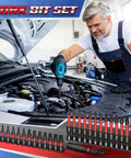 Mechanic using Security Torx Bit Set For Impact Driver, 29 PCs, T5 To TT40, S2 Steel on car engine, showcased with bit set.