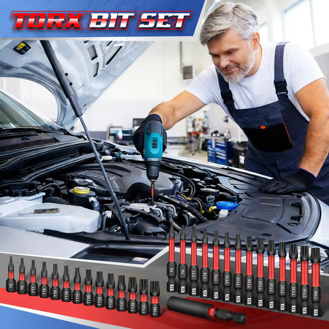 Mechanic using Security Torx Bit Set For Impact Driver, 29 PCs, T5 To TT40, S2 Steel on car engine, showcased with bit set.
