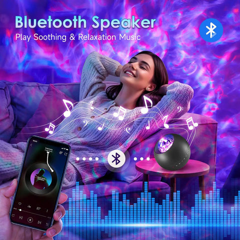 Galaxy Projector Night Light With Bluetooth Speaker And White Noise For Bedroom Vibe showing starry projection and music controls.