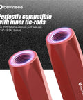 Close-up of red Bevinssee 7075 billet aluminum part compatible with inner tie-rods featuring 9/16"-18 SAE thread.