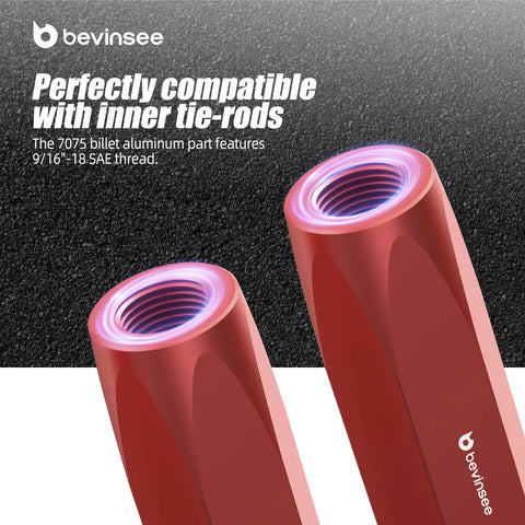 Close-up of red Bevinssee 7075 billet aluminum part compatible with inner tie-rods featuring 9/16"-18 SAE thread.