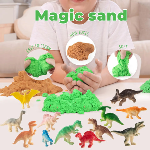 Awesome Dinosaur Light Up Terrarium Kit For Kids With Led Night Light And Remote Diy Arts And Crafts Gift For Boys Aged 4 5 6 7 8 9 10 11 12 playing with magic sand and toy dinosaurs