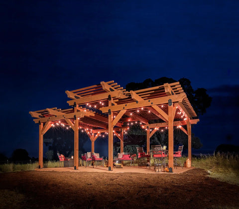 Killer Exterior Structural Wood Screws Five And One Half Inches Long Point Two Two Zero Diameter Low Profile Head Sawtooth Tip Double Barrier Coated Black T40 Drive Pack Of Fifty For Easy Backyard Deck Projects used in a beautifully lit backyard pergola.