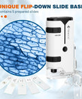100x To 250x Portable Pocket Microscope For Kids And Adults with slides and magnified view, on-the-go lab education tool, white.