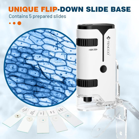 100x To 250x Portable Pocket Microscope For Kids And Adults with slides and magnified view, on-the-go lab education tool, white.