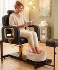 Pro Grade Hydraulic Pedicure Station For Nail Techs With Roomy Removable Foot Tub featuring a woman reading, soaking feet in the foot tub.