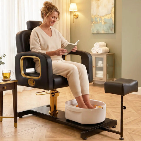 Pro Grade Hydraulic Pedicure Station For Nail Techs With Roomy Removable Foot Tub featuring a woman reading, soaking feet in the foot tub.