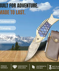 Custom Copper Damascus Fish Style Folding Knife with ladder pattern blade, brass engraved blue resin handle, leather sheath, outdoors