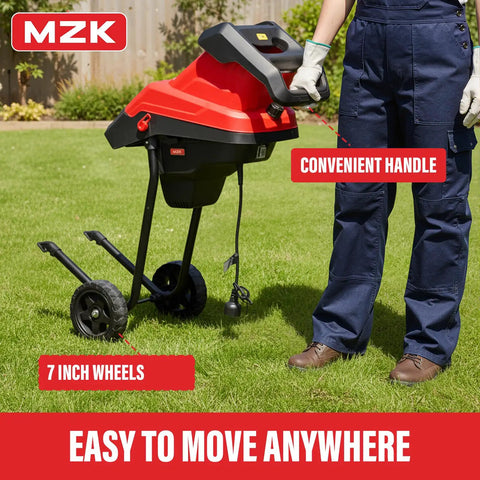 Electric Wood Chipper Shredder With 15 Amp Motor And 4500 RPM Dual Steel Blades on lawn with handle and wheels for easy movement