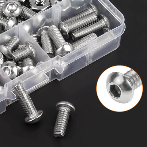 65-piece stainless steel button head socket cap screws set in clear organizer; five lengths 3/8–1 inch, UNC 1/4-20