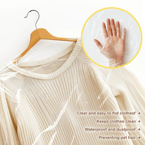 40 Pack Clear Garment Bags for Hanging Clothes, 60x90cm Plastic Dry Cleaning Bags showing clear protection over sweater.