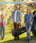 Family outdoors with Portable Pickleball Net For Driveway 22 Foot Regulation Size Or 11 Foot Half Court Size With Ball Collector