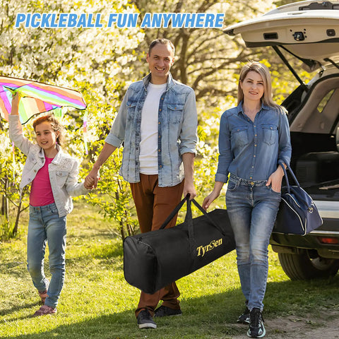 Family outdoors with Portable Pickleball Net For Driveway 22 Foot Regulation Size Or 11 Foot Half Court Size With Ball Collector
