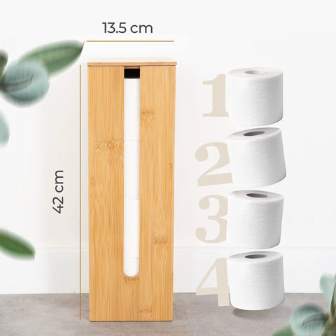 Bamboo Toilet Paper Storage Holder With Lid On A Sturdy Bamboo Base, Space Saving Roll Dispenser That Fits Up To 4 Standard Rolls