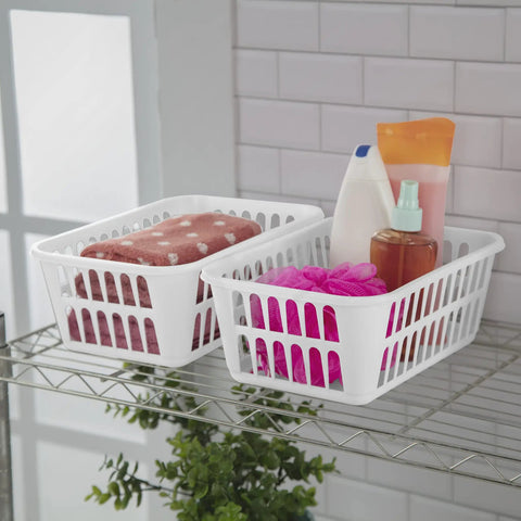 White Plastic Storage Baskets Set Of 48 For Grab And Go Organization on wire shelf holding towels and toiletries