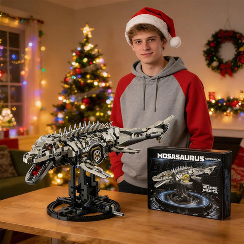 Teen with Myth Qholve Mechanical Mosasaurus Building Block Set on display stand, holiday decorations in background.
