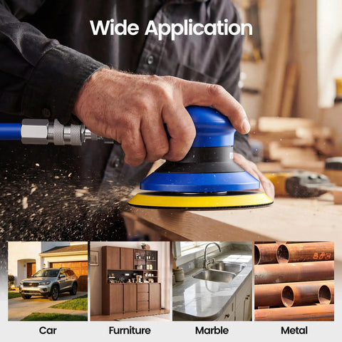 Pro Grade 5 Inch Random Orbital Palm Sander Built As A Smooth Operator Delivers Rock Solid 12000 Rpm Performance For Flawless Wood And Auto Body Finishing Crush Every Project Today shown in use on wood, ideal for furniture, cars, marble, and metal.