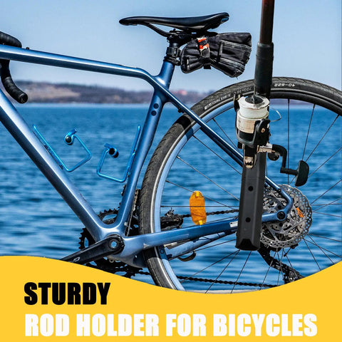 Adjustable Pole Mount Fishing Rod Holder attached to bicycle with heavy duty clamp for on the go fishing gear storage.