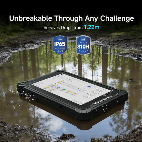 Heavy Duty Rugged Android 14 Tablet With Built In Barcode Scanner 8GB RAM And 128GB Storage resting on water surface, showcasing durability.