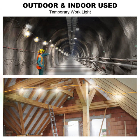Pro Grade Construction String Lights 50 Ft Outdoor Work Lights 50W With 5 E26 Bases IP65 Waterproof in tunnel and attic