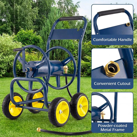 Must Have Heavy Duty Garden Hose Reel Cart With Four Solid Wheels Mobile Water Hose Cart That Holds Up To 330 Ft Of 5/8 Inch Hoses Durable Metal Frame Easy Maneuver For Lawn And Backyard Navy Blue