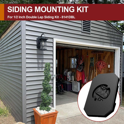 Easy Install Siding Mounting Block For Outdoor Light With Built In Electrical Box Fits Half Inch Lap Siding And Four Inch Vertical Vinyl Siding Hook Kit For Outdoor Lamp Weatherproof Black mounted on gray vinyl siding