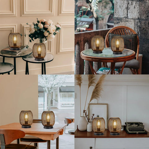 Set Of 2 Battery Powered Metal Cage LED Lanterns Cordless Accent Lights with warm white LED, round vintage style in different settings.