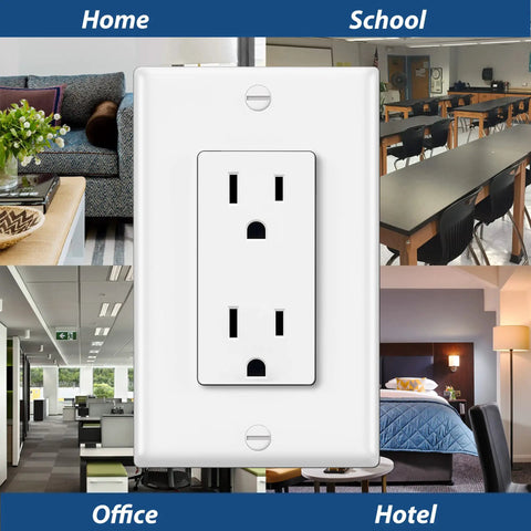 Heavy Duty 12 Pack Standard Decorator Electrical Wall Receptacle Outlet 15A 125V 2 Pole 3 Wire Non Tamper Resistant White Wall Plate Included UL Listed For Residential And Commercial Use, in home, office, school, and hotel settings.