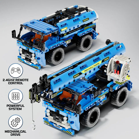 2-In-1 RC Construction Truck And Crane Set For Kids Aged 6 To 14, 401-Piece Build Kit With Easy Remote Control, Convert Between Crane And Truck, Durable STEM Toy For Boys And Girls. Blue ABS build, truck and crane views